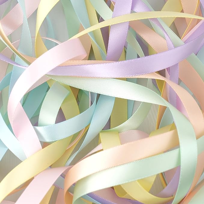 3/8 Inch Pastel Rainbow Double Face Satin Ribbon Set, 6 Rolls, 60 Yards, Assorted Colors for Gift Wrapping, Hair Bows, Bouquets, Wedding, Party Decor and DIY Crafts