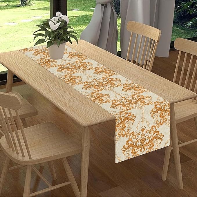 Damask Table Runner, Rustic Gold Gothic Boho Floral Flower Baroque Style Antique Vintage Retro Coffee Table Center Decor for Kitchen and Dining Outdoor Home Country Party Table Decorations, 13"x72"