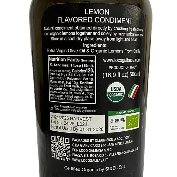 Galbasa - Organic Lemon Oil from Sicily, Italy - First Cold Pressed Extra Virgin Olive Oil and Fresh Lemons - Polyphenol Rich, No Pesticides