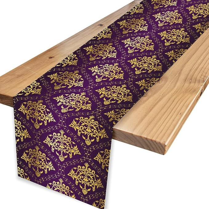 Vintage Table Runner, Retro Antique Gothic Purple Damask Floral Flower Pattern Classic Boho Coffee Table Center Decor for Kitchen and Dining Outdoor Home Country Party Table Decorations, 13"x36"