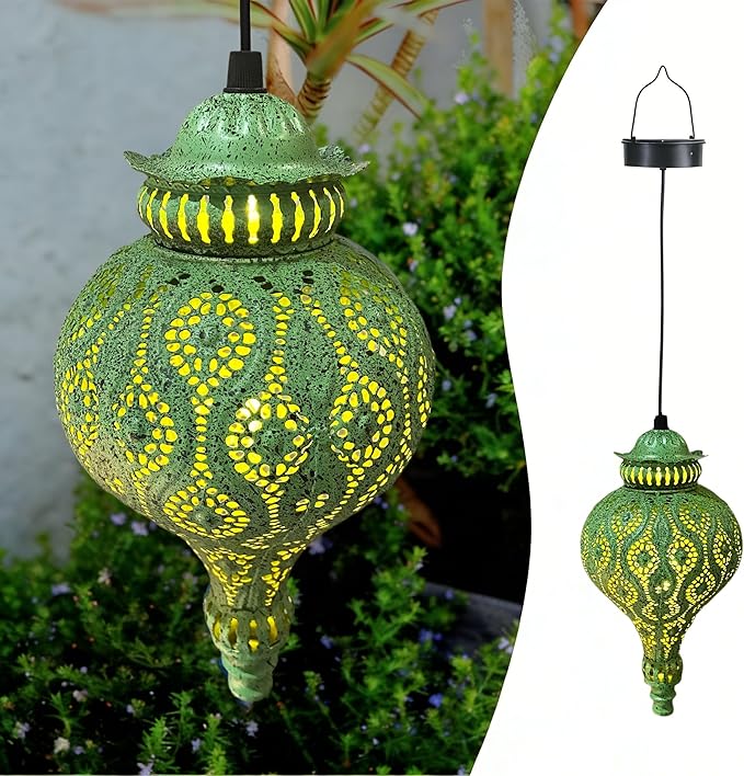 Moroccan Solar Lanterns Outdoor Waterproof Green Hanging Lanterns Outdoor Ramadan Garden Decor Gardening Gifts for Women Mom Grandma Solar Lights for Patio, Pathway, Yard, Porch, Backyard.