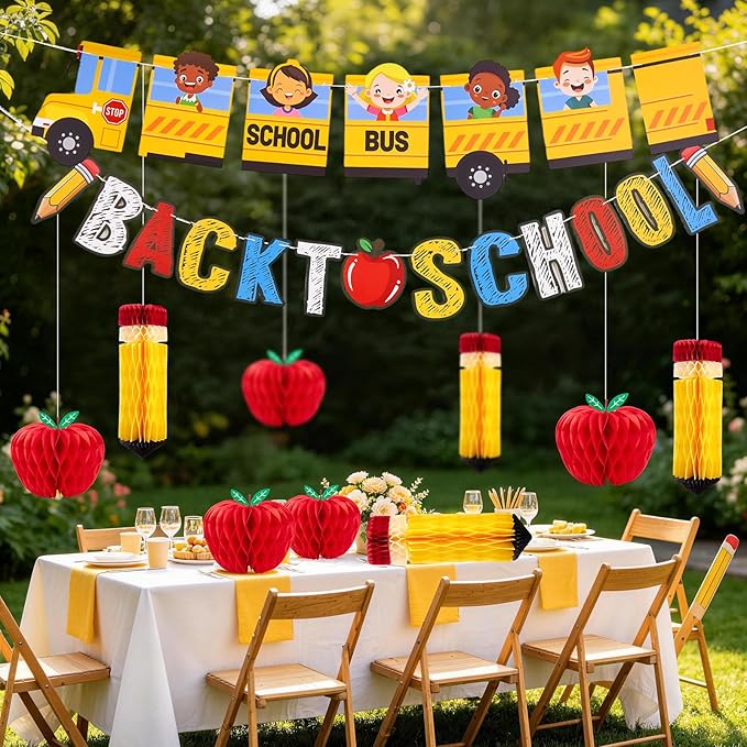 Back to School Party Decoration Set School Bus and Colorful Letters with Apple and Pencil Hanging Honeycomb Decorations