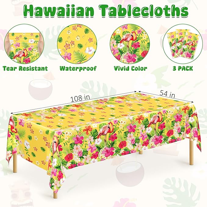 QZYL 3 PCS Hawaiian Table Cloths, 54 x 108 Inches Luau Tablecloths, Disposable Aloha Party Decorations with Summer Flamingo Palm Leaves, Plastic Luau Party Supplies Tropical Decorations for Tiki Bar