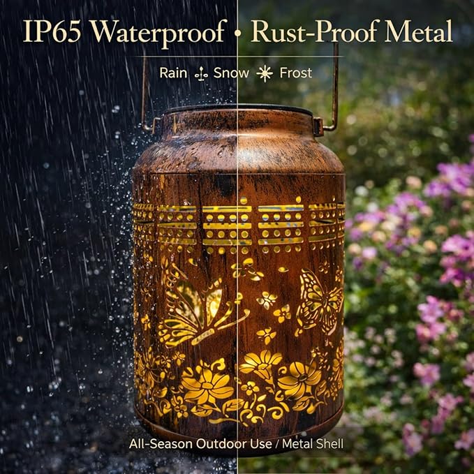 Solar Lanterns Outdoor Waterproof - Retro Metal Hanging Solar Lights with Butterfly Pattern on Bottom, Decorative Garden Decor for Outside Tree Porch Yard, Unique Birthday Gifts for Women Mom Grandma