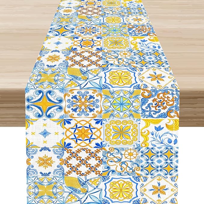 Mexican Table Runner, Blue Rustic Mexico Talavera Ceramic Dia De Los Muertos Coffee Table Center Decor for Family Home Kitchen and Dining Farmhouse Indoor Outdoor Table Decorations, 13" X 90"