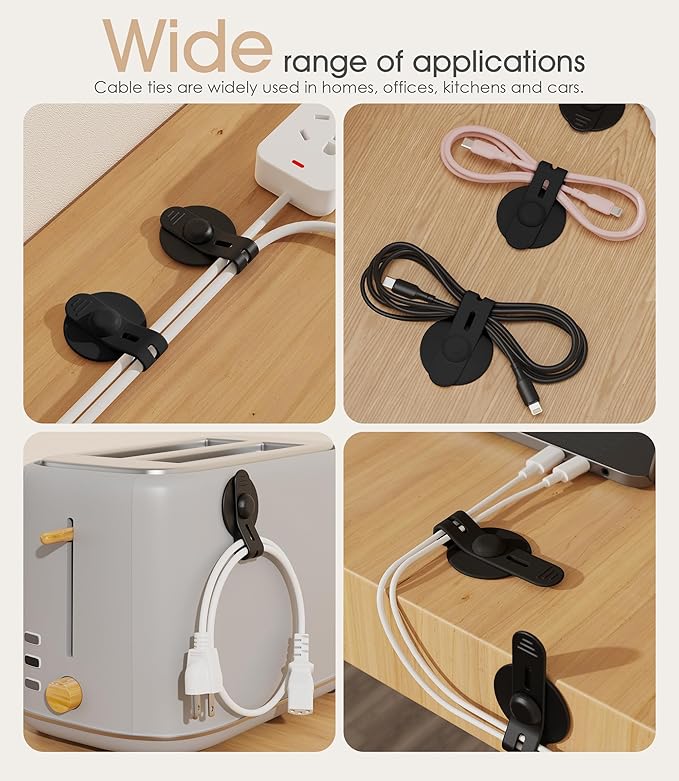 Cable Management Under Desk, Adjustable Self-Adhesive Silicone Cable Ties Cord Organizer, Reusable Heavy-Duty Cord Holder Under Table for Office, Home, School (30Pcs-Black)