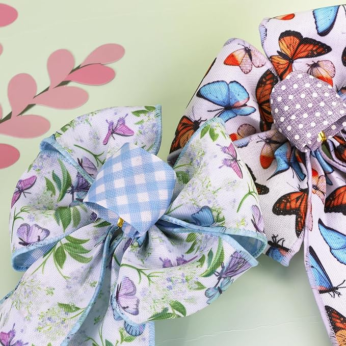 LaRibbons Double Faced Butterfly Wired Ribbon 2 Rolls 2.5 Inch x 12 Yards TTL, Blue and Purple Burlap Spring Ribbon with Plaid and Polka Dot Printed for Crafts Wreath Gift Wrapping Bow Decoration
