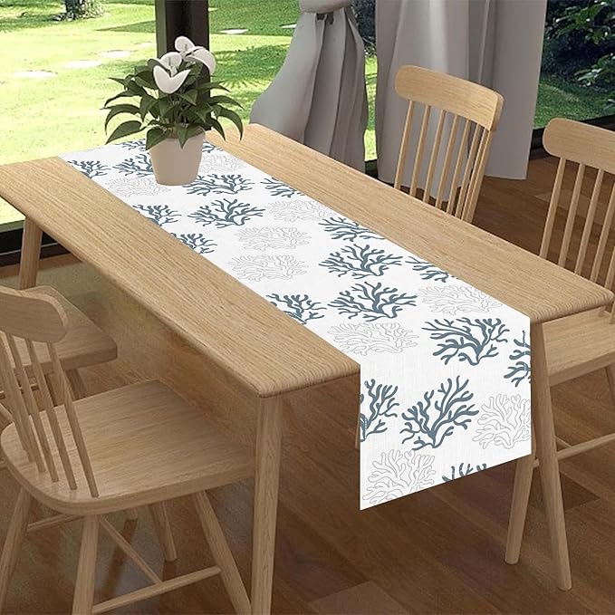 Coastal Table Runner, Summer Seasonal Beach Coral Nautical Tropical Ocean Marine Farmhouse Rustic Coffee Table Center Decor for Home Kitchen Dining Patio Indoor Outdoor Table Decoration, 13"x90" Inch