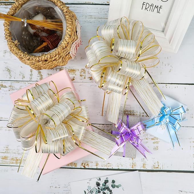 10 PCS Large Pull Bow Gift Wrapping Bows, Pull Bow with Ribbon for Wedding Gift Baskets, Party Gift Wrap Bows, Presents Decorating Bows (White)