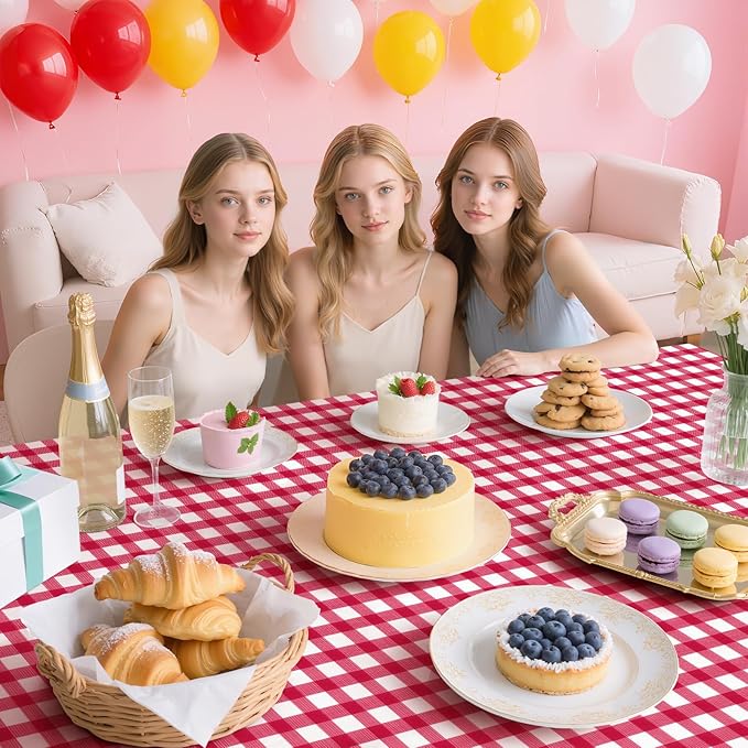 4 Pack Red Striped Gingham Tablecloths, 54 x 108 Inch Disposable Plastic Rectangle Table Covers, Waterproof Red and White Checkered Table Cloths for Picnic, Birthday, Party, Outdoor Events