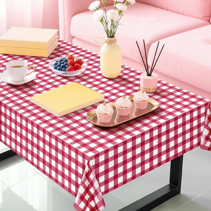 4 Pack Red Striped Gingham Tablecloths, 54 x 108 Inch Disposable Plastic Rectangle Table Covers, Waterproof Red and White Checkered Table Cloths for Picnic, Birthday, Party, Outdoor Events
