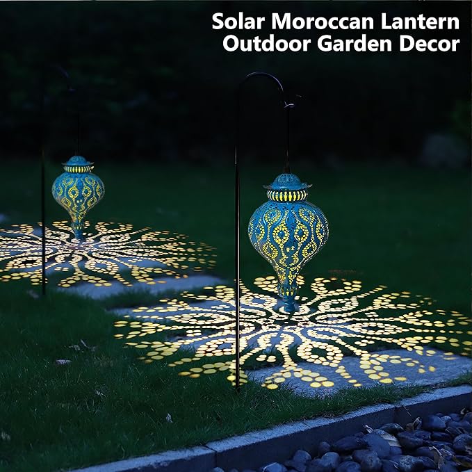 Moroccan Solar Lanterns Outdoor Waterproof Blue Hanging Lanterns Outdoor Ramadan Garden Decor Gardening Gifts for Women Mom Grandma Solar Lights for Patio, Pathway, Yard, Porch, Backyard.