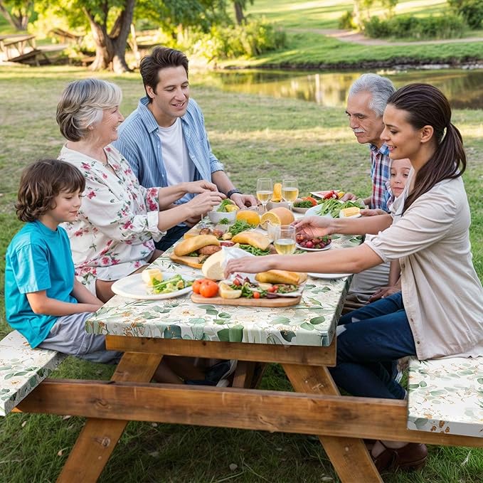 Picnic Table Cover with Bench Covers and Bag, Outdoor Waterproof Windproof Tablecloth with Elastic Edges, Camping Accessories RV Gear Campers 60x30 Inches 3 Pcs Set, Sage Green Eucalyptus Leaves