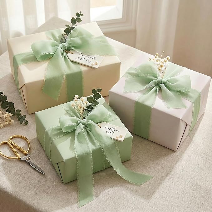 Handmade Chiffon Ribbon 1.5 Inch Wide, 3 Rolls 21 Yards, Frayed Edge Fabric Ribbon for Wedding Bouquets, Invitations & Gift Wrapping (Sage Green)