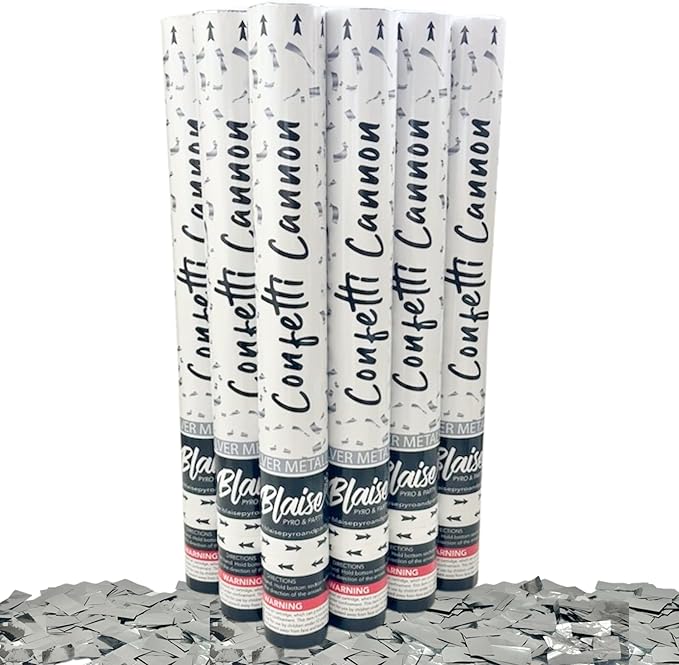 Blaise Pyro & Party Silver Confetti Poppers - Easy to Use Paper Confetti Poppers for Weddings, Birthdays, Anniversaries & More - Colorful Confetti Cannon for Memorable Photos - 6 Pack, 18 Inch