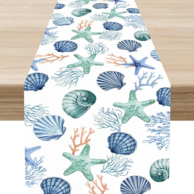 Nautical Table Runner, Summer Sea Coastal Starfish Seashells Coral Tropical Ocean Beach Blue Farmhouse Coffee Table Center Decor for Home Kitchen Dining Patio Indoor Outdoor Table Decorations, 13"x90"