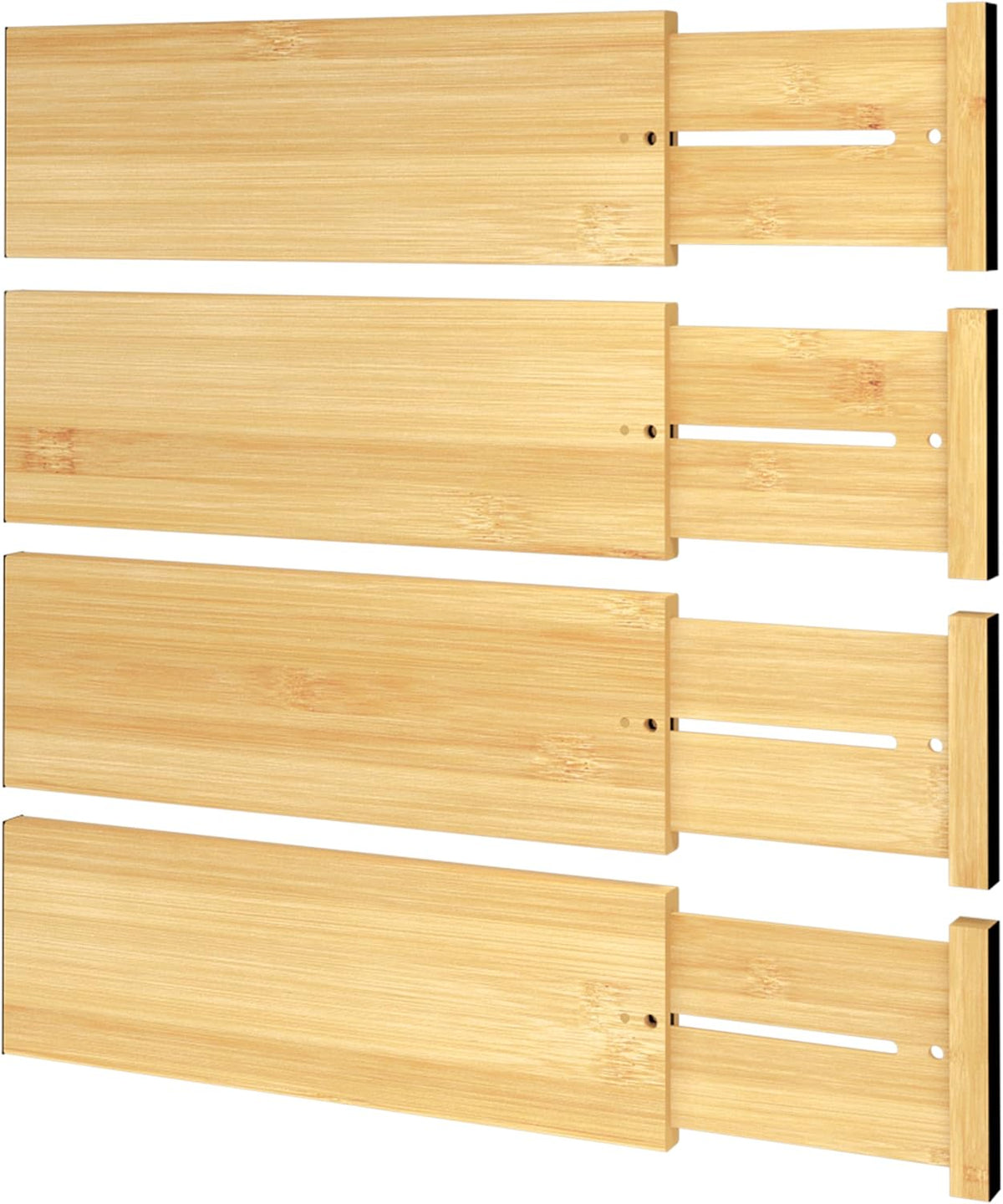 BAMEOS Bamboo Expandable Drawer Dividers – Fits 12.2"–17" Drawers, 4" Extra Deep Walls, Set of 4 | Tall Spring-Loaded Separator for Baby Dresser, Sock Drawer &amp; Bathroom Cabinet