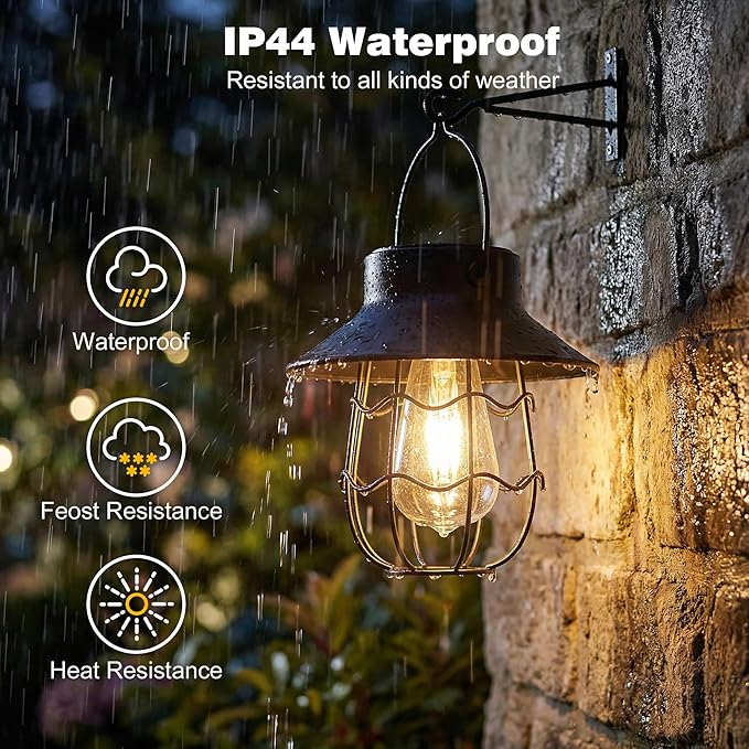 Livinlarge Hanging Solar Lanterns Waterproof,2 Pack Outdoor Metal Solar Lights with Wall Hooks Windproof Hook,Retro Solar Lantern Auto On/Off for Yard Garden Pathway Patio Porch Decor (Black)