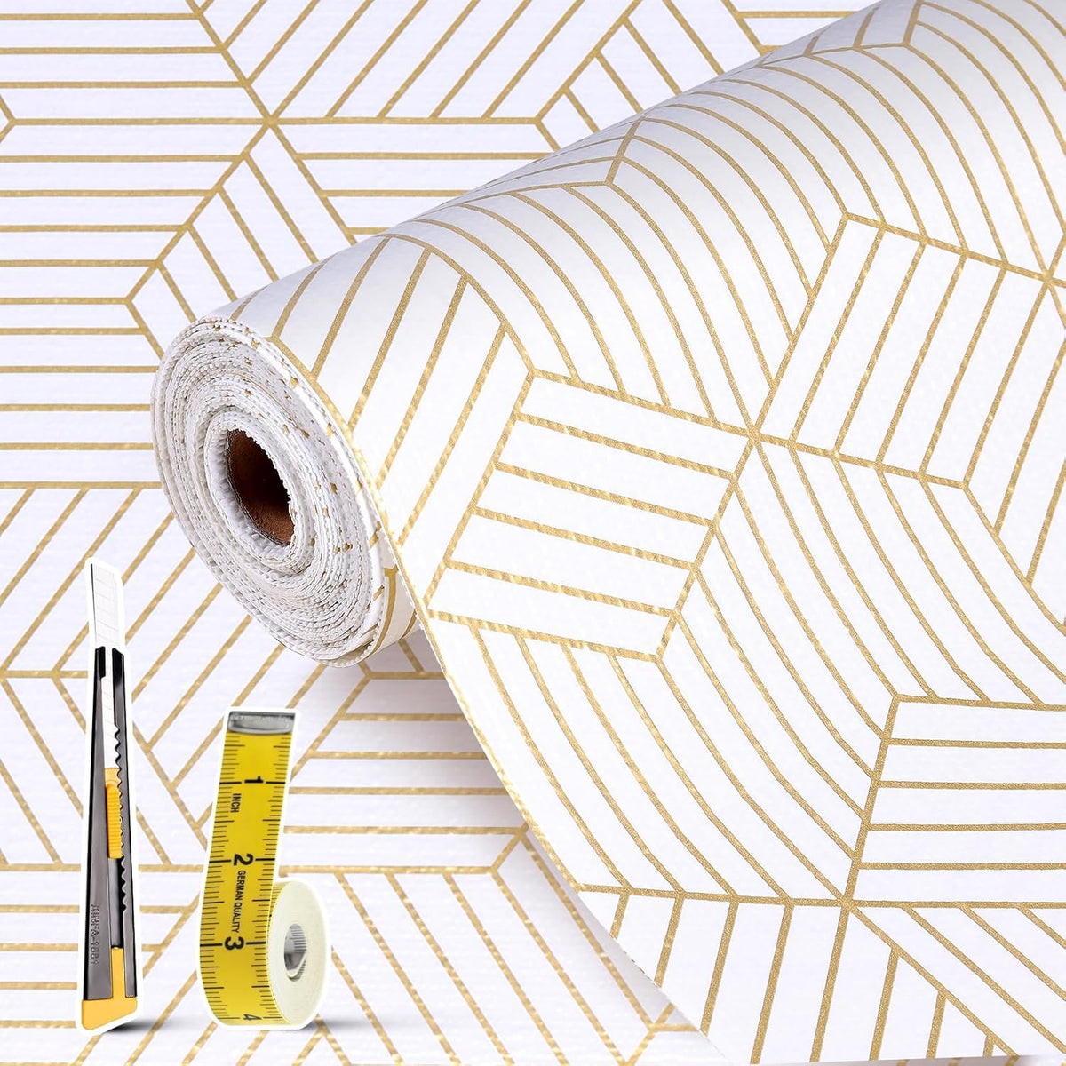 Shelf Liners for Kitchen Cabinets Non Adhesive Shelf Liner Paper Non-Slip Thickened Drawer Liner Easy to Clean for Tool Box Refrigerator with Knife and Tape Measure, Gold Geometric, 11.8 x 354.3 in