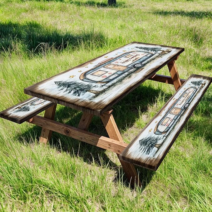 Picnic Table Cover with Bench Covers and Bag, Camping Essentials, Camper Forest Wooden Grain Outdoor Table Covers, Waterproof Windproof, Fitted Tablecloth Cover with Elastic Edge, 3 PCS, 30x96 Inch