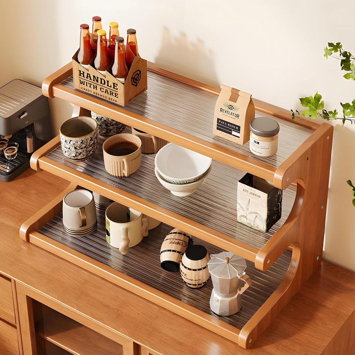 Coffee Station Organizer 3 Tier Coffee Mug Shelf Bamboo Cup Holder Acrylic Home Storage Mugs Hooks for Kitchen Countertops, Tea Bar Accessories