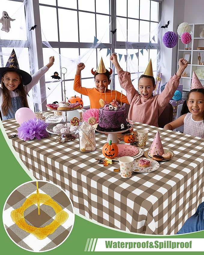 Smiry 12 Packs Gingham Disposable Table Cloth, 54 x 108 Inch Waterproof Plastic Tablecloth, Rectangle Brown and White Checkered Table Covers for Picnic, Birthday, Party