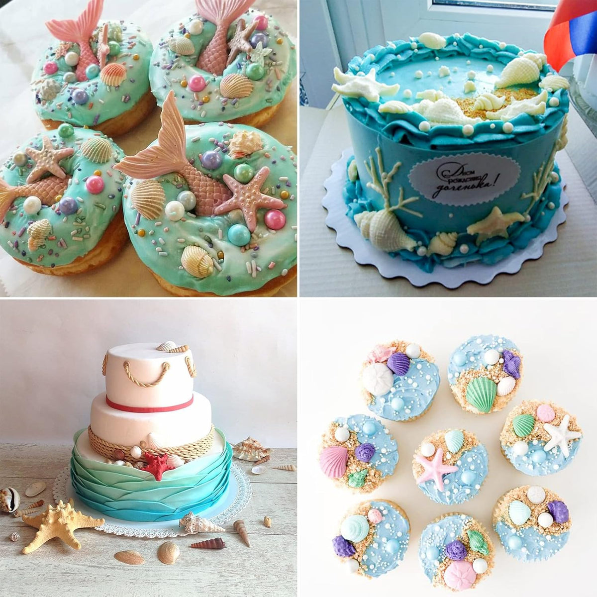 Memovan Marine Theme Fondant Molds 4pcs Seashell Conch Starfish Silicone Baking Mold for Under the Sea Ocean Marine Cake Cupcake Decoration Chocolate