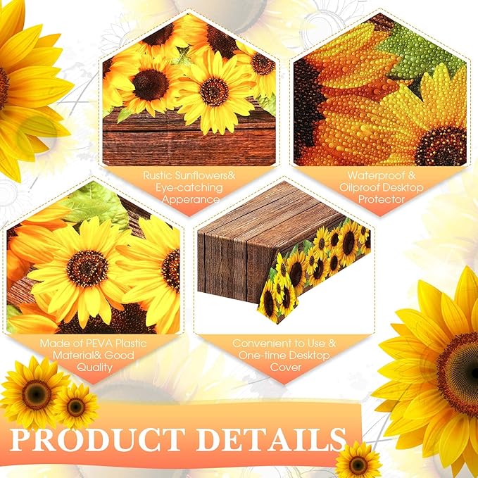 Tegeme 3 Pcs Sunflower Wood Grain Plastic Rustic Tablecloth Vintage Rectangle Table Covers Countryside Outdoor Tablecloth for Dining Table Kitchen Party Banquet, 54 x 108 Inch