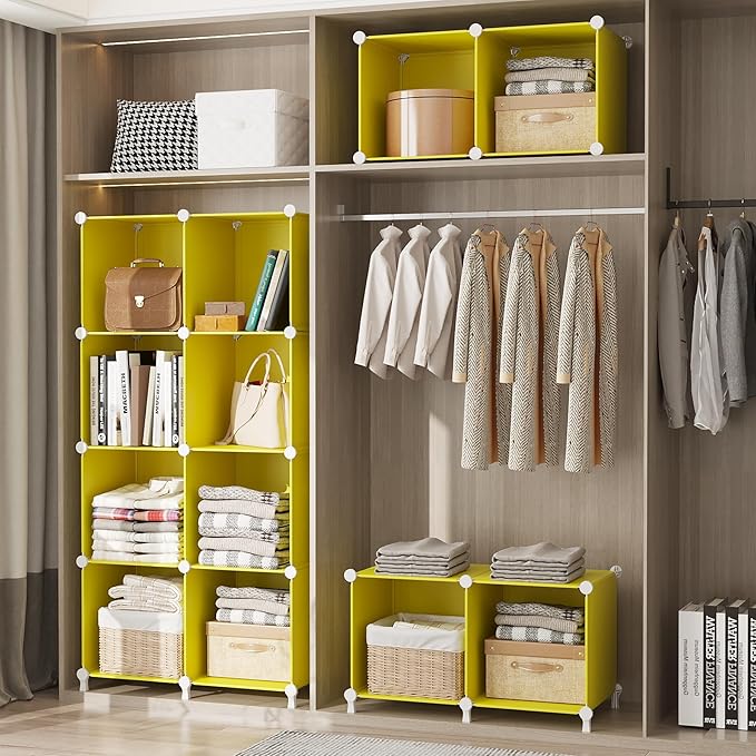 AWTATOS Cube Storage Organizer, 6 Cube Closet Organizers and Storage, DIY Stackable Bookshelf Plastic Clothes Organizer Shelving for Bedroom, Home, Yellow