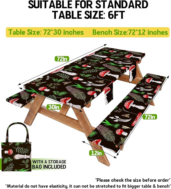 Fitted Picnic Table Cover with Bench Covers Vinyl Waterproof Elastic Edges Fitted Rectangle Table Cloth Patio Tablecloth Camping Essentials Rv Gear Accessories Road Trip Supplies Car Travel Must Have