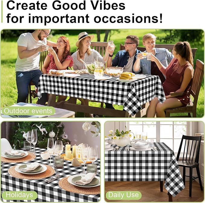 QIKSION Black Gingham Tablecloth Disposable 6 Pack, 54 x 108 Inch Black and White Checkered Table Cloth for Picnic, Outdoor BBQ Decorations, Birthday Party Supplies, Rectangle, Plastic Table Cover