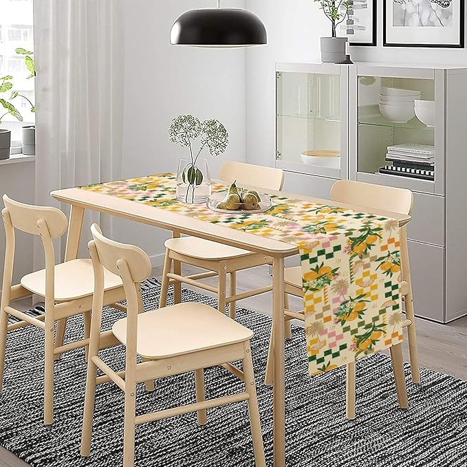 Tropical Summer Fruit Table Runner, Orange Square Grid Lemon Beach Ocean Table Runner for Kitchen Dining Party Holiday Home 13x90in