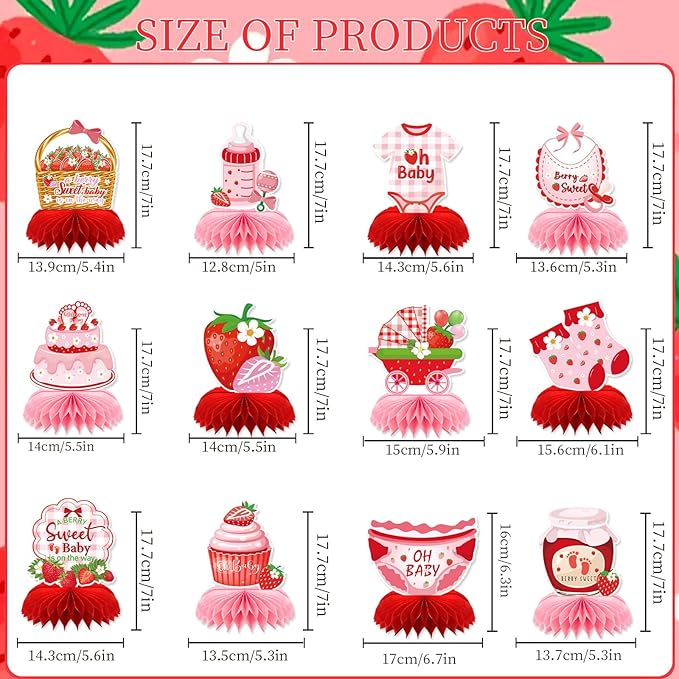 Strawberry Baby Shower Decorations, 12PCS Berry Sweet Honeycomb Centerpieces Decoration A Berry Sweet Baby Is on the Way Party Table Decor Supplies