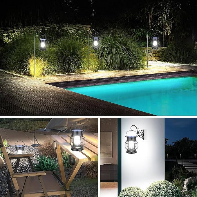 TomCare Solar Lanterns Lights Outdoor Waterproof 4 Pack Metal Hanging Solar Lights Lantern for Outdside Decorative Patio Porch Garden Lawn, Cool White