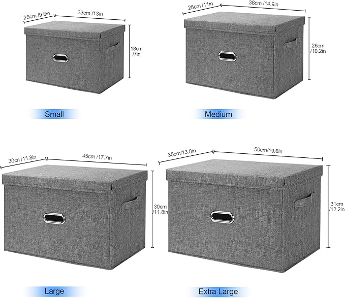 Large Linen Fabric Foldable Storage Bins with Removable Lid and Handles, Washable Storage Box Organizer Containers Baskets Cube with Cover for Bedroom,Closet,Office (Khaki, Large(2-Pack))