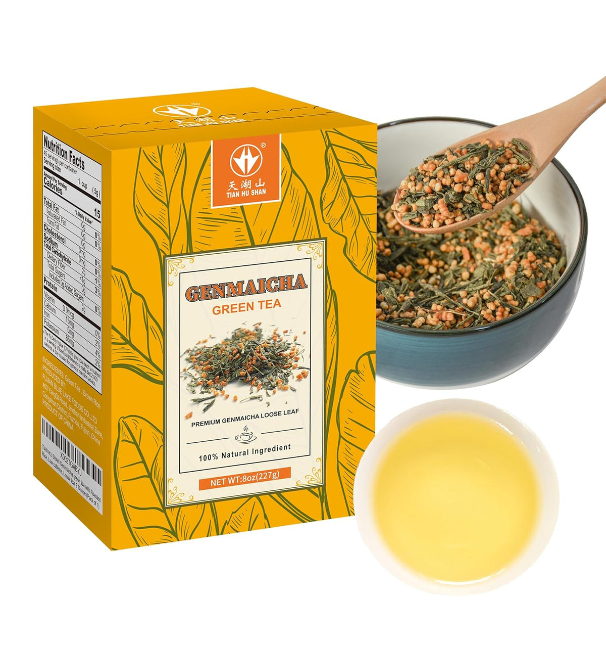 Tian HU Shan Genmaicha Green Tea with Roasted Rice, Low Caffeine Genmaicha Tea Loose Leaf 8 Ounce / 226g