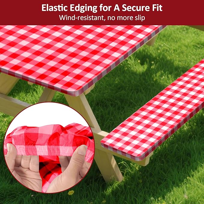7ft Picnic Table and Bench Cover, Camping Essentials RV Gear, 84 in Waterproof Windproof Outdoor Elastic All Around Tablecloth, Fitted Rectangle Tables and Seats, Red-White Checkered