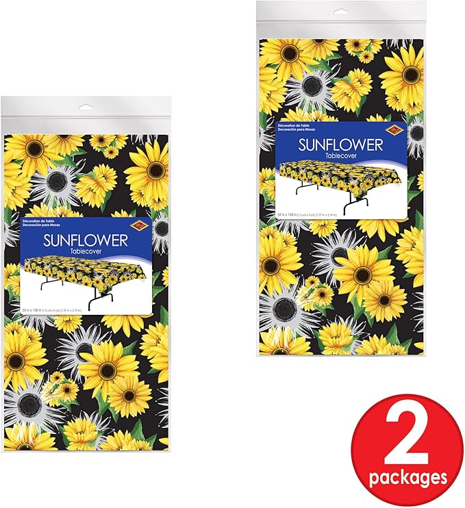 Beistle Sunflower Party Tablecover, 54"x108", 2 Pieces, Spring Summer Picnic Tea Party Table Decorations