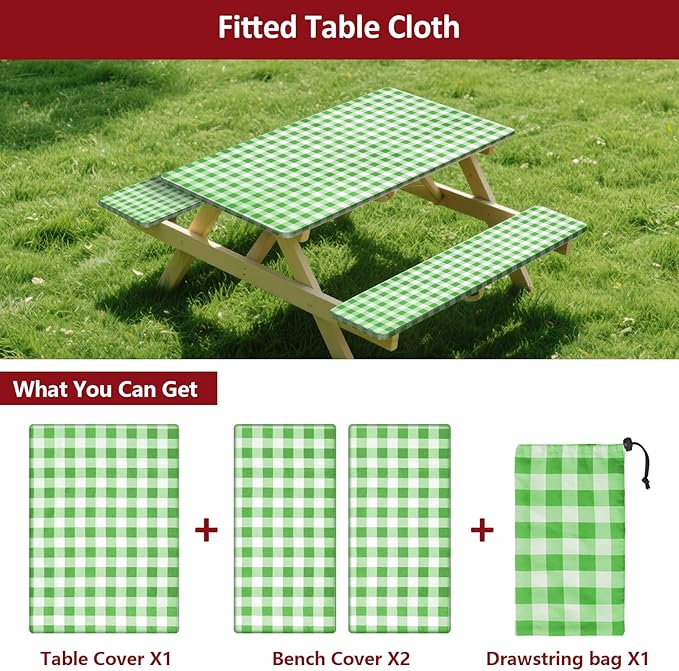6ft Picnic Table and Bench Cover, Camping Essentials RV Gear, 72in Waterproof Windproof Outdoor Elastic All Around Tablecloth, Fitted Rectangle Tables and Seats, Green-White Checkered