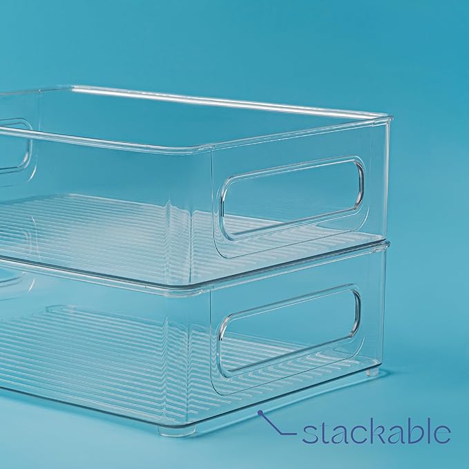Plastic Food Storage 6 Pack Clear Container Bin with Handles for Organizing Kitchen, Pantry, Refrigerator, Freezer, Pantry, Cabinet, Closet, Bathroom. Stackable 10”x8”x3”