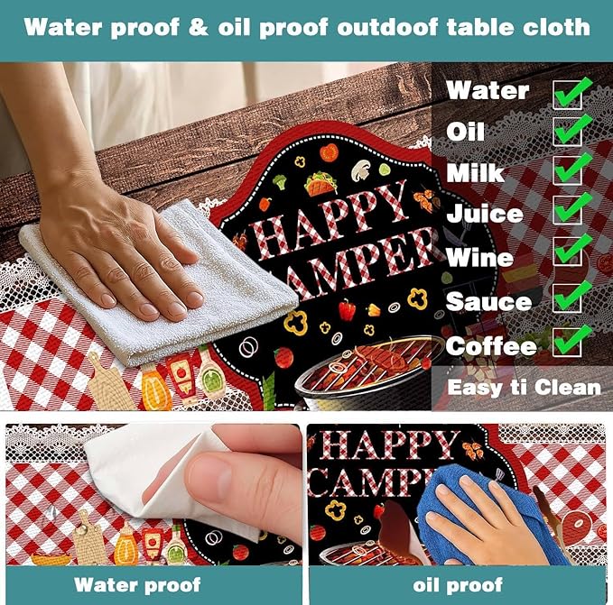 Happy Camper Picnic Table Cover with Bench Covers Elastic Edges, Wooden Red Plaid Fitted Table Cover, Outdoor Patio Camping Essentials 96 Inch 3PCS, Waterproof Fitted Tablecloth with Drawstring Bag