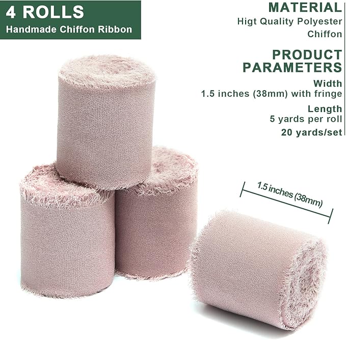 4 Rolls Mauve Handmade Fringe Chiffon Silk Ribbon 1.5" W x 5Yd Per Roll,Frayed Edges Ribbon Set for Gifts Wrapping,Wedding Invitations,Bouquets,DIY Crafts (1.5" x20Yd, Mauve)