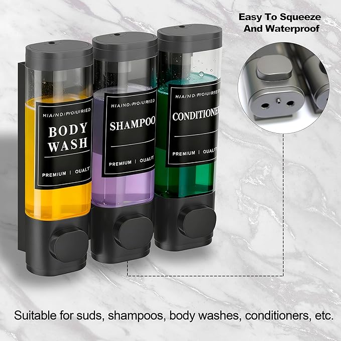 CeeVian Shampoo Dispenser Shower Dispenser 3 Chamrber No Drill Wall Mounted for Shower Shampoo and Conditioner Dispenser for Bathroom, Toilet, Hotel & Kitchen,3 * 300ML (Black)