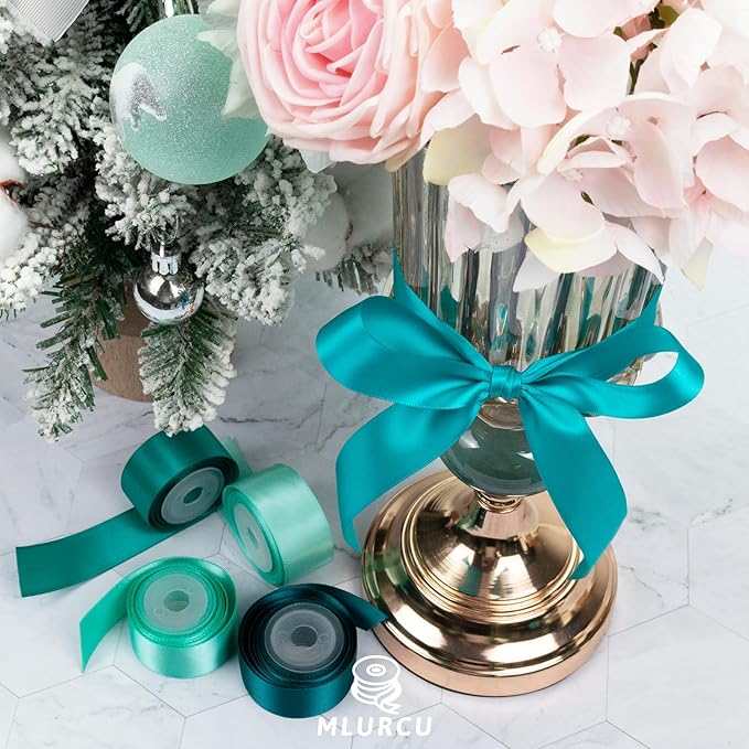 Teal Ribbon 1 Inch Double Faced Satin, Dark Teal, Aqua, Turquoise, Jade, Peacock, Mint Green, Blue and Green Ribbon for Flower Bouquet, Gift Wrapping, Wedding, Bridal Shower, Bows & Crafts - 30Yds