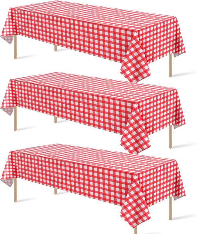 3 Pack Red and White Plastic Checkered Tablecloth, Premium Decorative Disposable Red Gingham Plaid Table Cloths for Parties, Rectangle Party Table Cover for Picnic Farm Birthday Wedding, 54x108 Inch