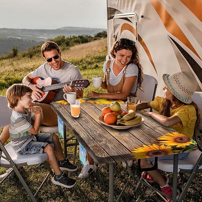 Sunflower Picnic Table Cover with Bench Covers, Waterproof Windproof, Camping Essentials, Fitted Tablecloth Cover with Elastic Edge, for Indoor & Outdoor, Garden, Camping, 3 Pieces Set, 30x60 Inch