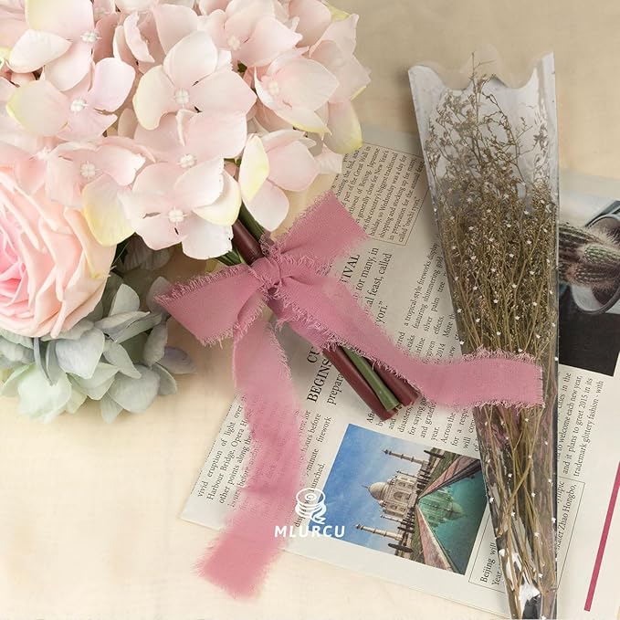 Rosy Mauve Chiffon Ribbon - 1 Inch x 21 Yards, Handmade Fringe, Silk, Boho Frayed, Gift Wrapping, Wedding Invitation, Bridal Flower Bouquets