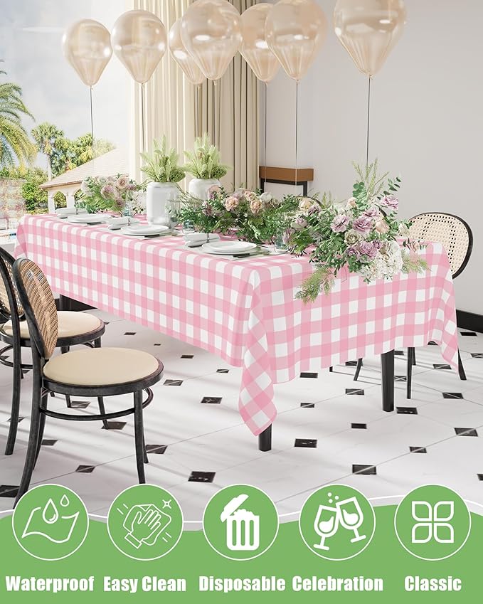 Smiry 8 Packs Gingham Disposable Table Cloth, 54 x 108 Inch Waterproof Plastic Tablecloth, Rectangle Pink and White Checkered Table Covers for Party, Birthday, Picnic, Valentines