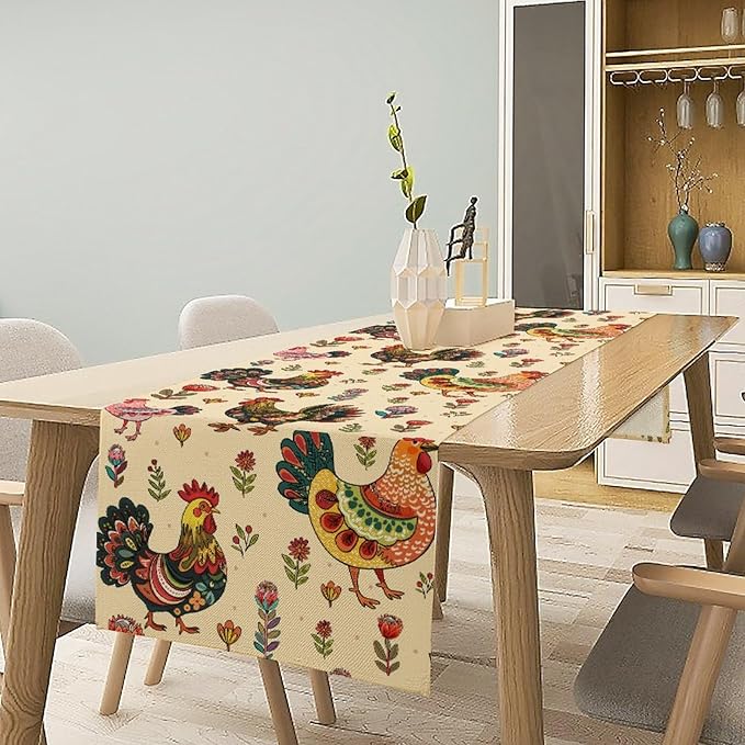 Rustic Farm Animal Table Runner, Vintage Rooster Boho Flowers Table Runner for Kitchen Dining Holiday Home Party 13x36in