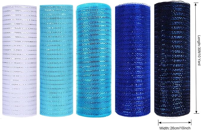 5 Rolls Christmas Mesh Ribbon for Wreath, 10 Inch x 30FT Per Roll Metallic Foil Deco Mesh Rolls White Blue Royal Blue Navy Decorative Mesh for Summer Wreath Christmas Tree Home Party Decor